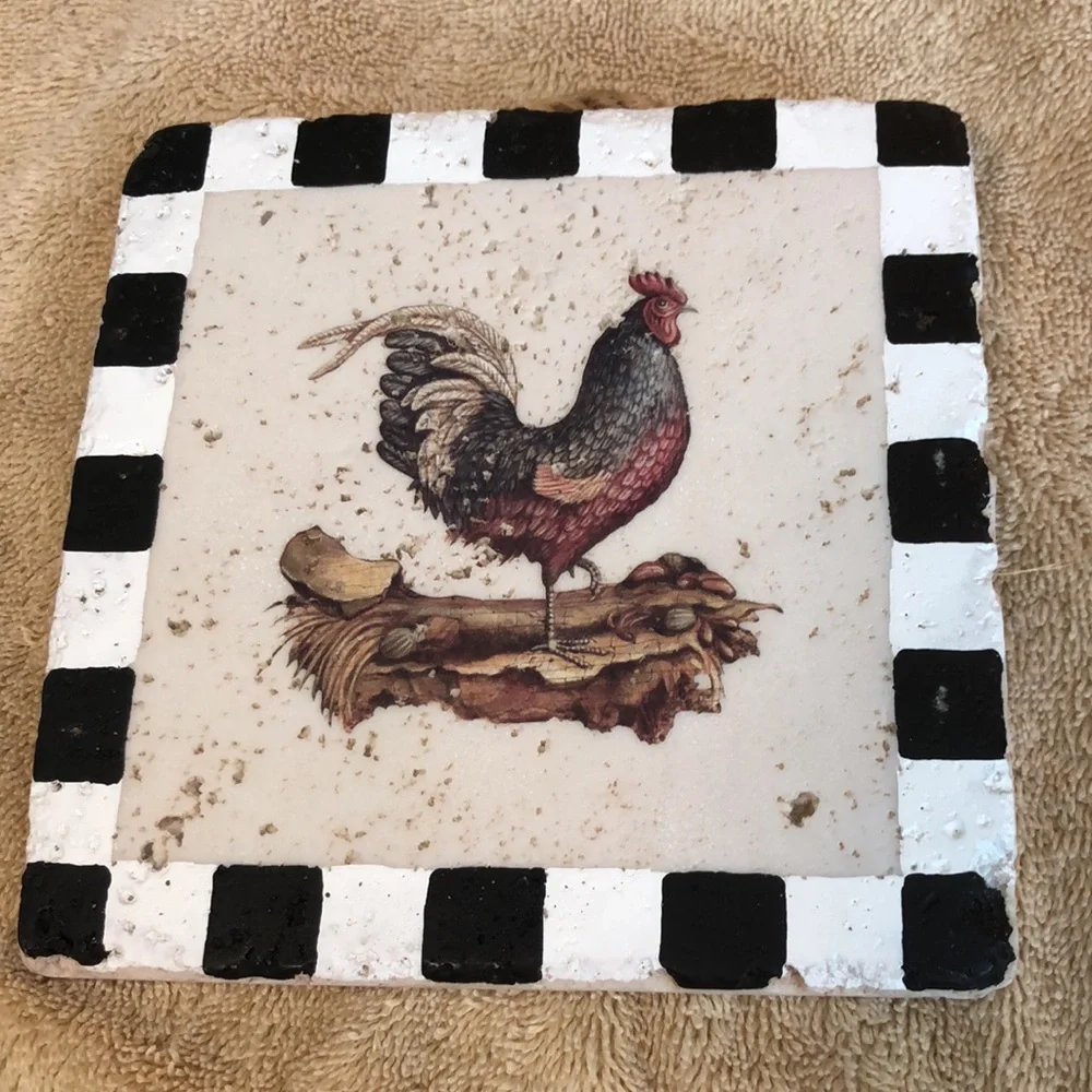 Pair of Vtg Rooster Painted 6x6” Wall Hanging Tiles Country Folk Art Farmhouse